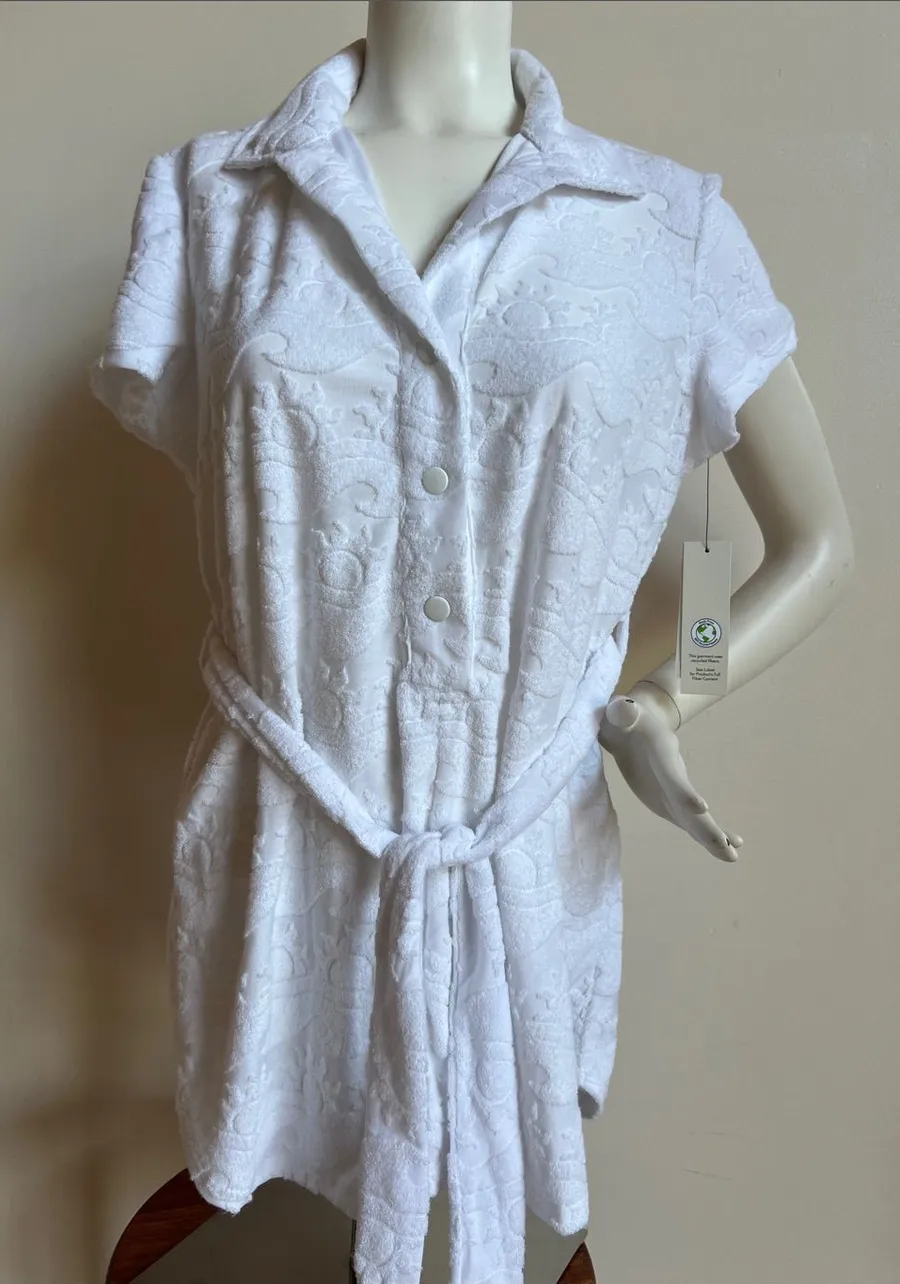 Terry Short romper with Belt embossed beach sun and waves classic beach cover up White