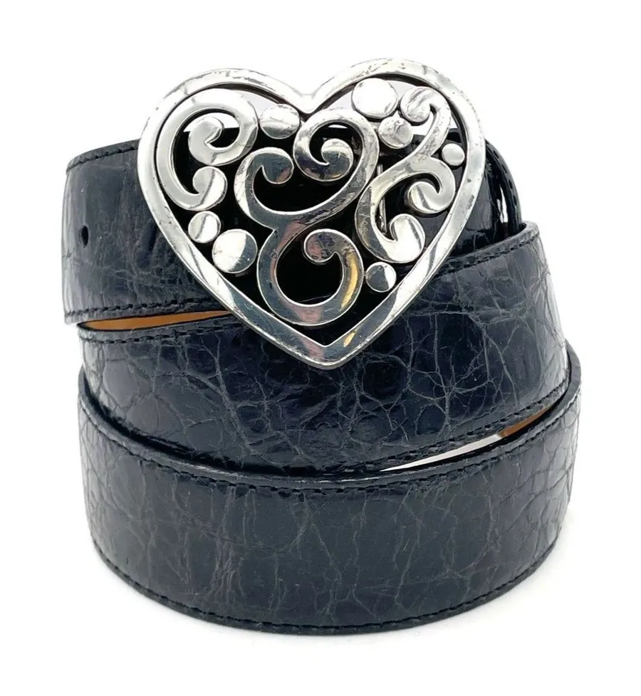 Vintage Brighton Black Croc Embossed Leather Belt Heart Scroll Buckle USA Sz 38