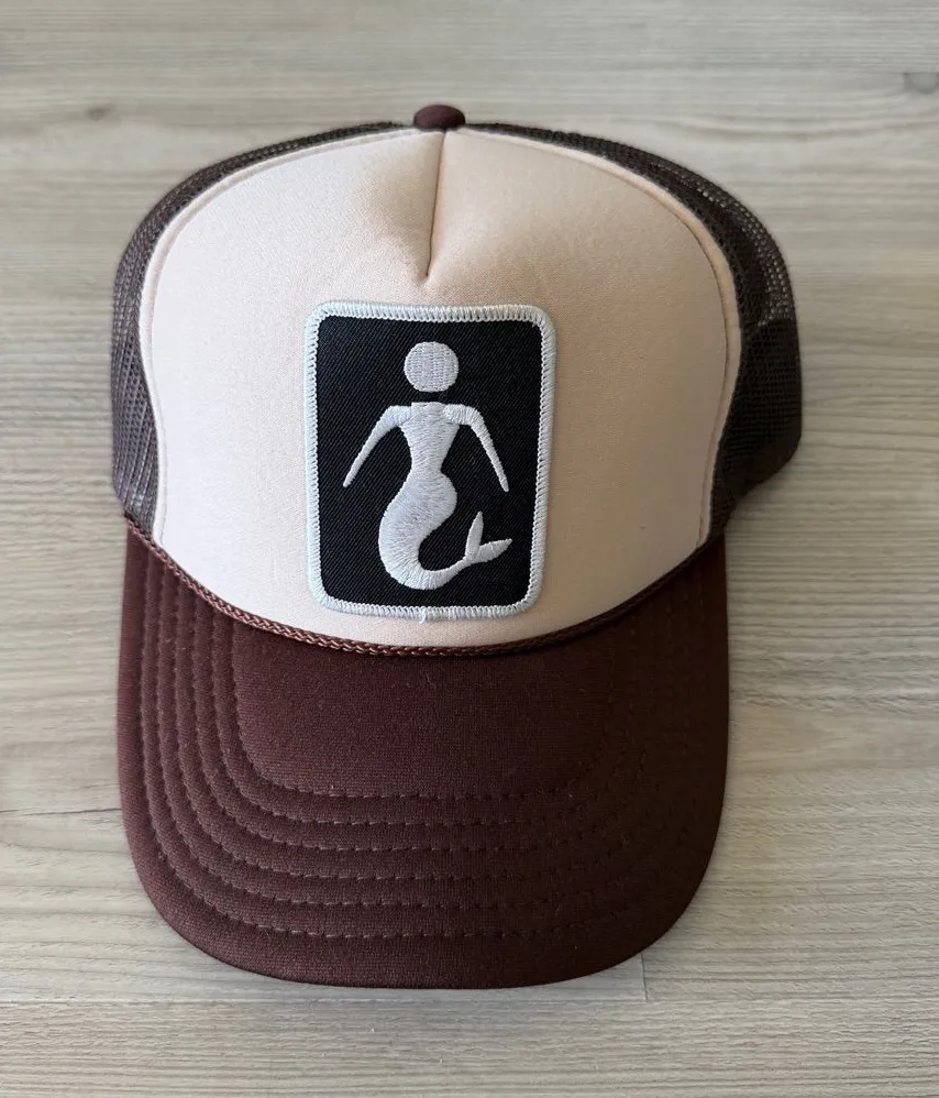 Brown and Cream Trucker Hat with Mermaid Patch