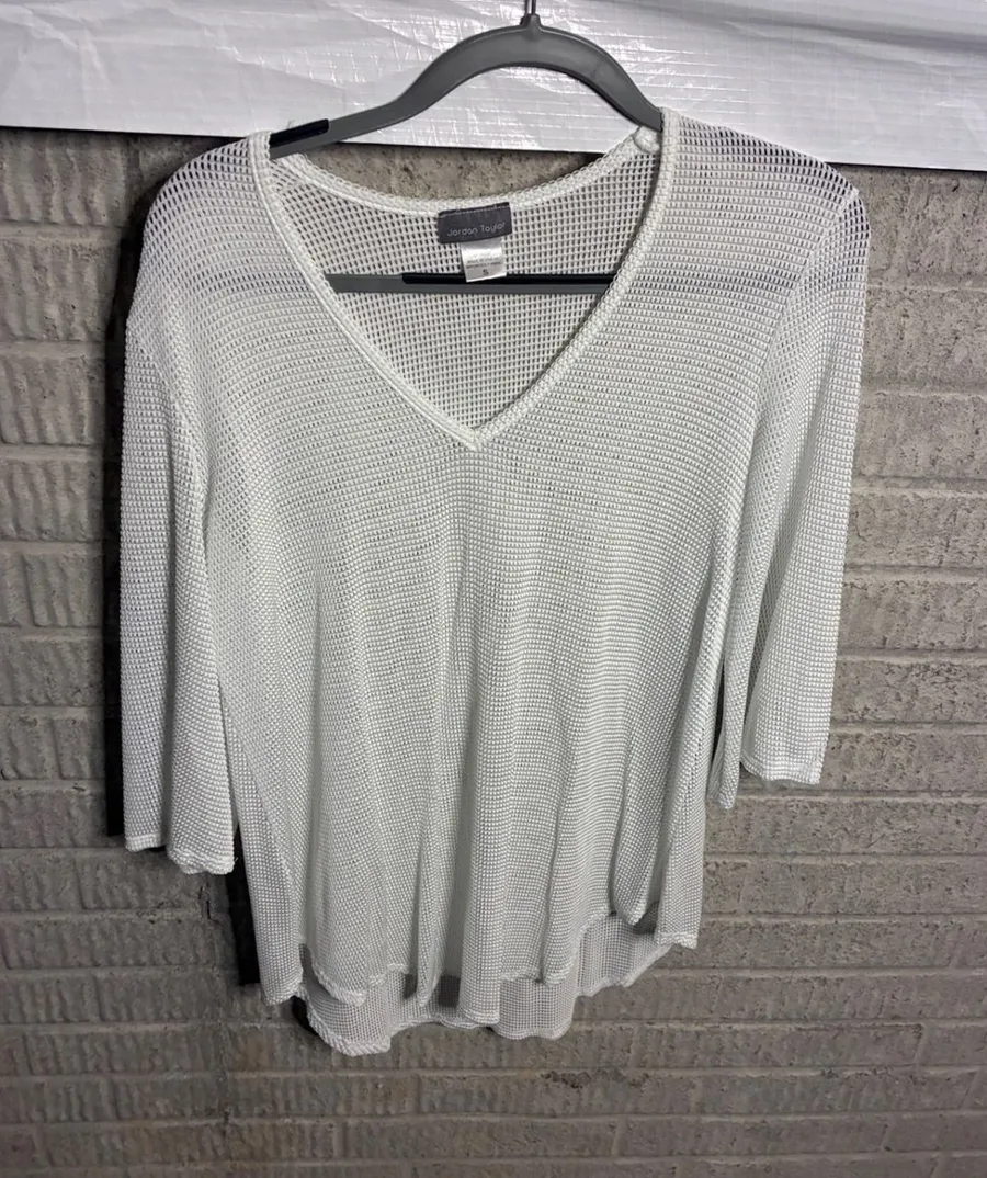 Jordan Taylor White Mesh V-Neck Top 3/4 Sleeve Knit Cover Up Womens S