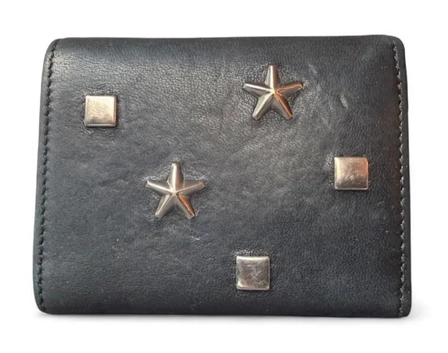 Jimmy Choo Black Leather Studded Star Wallet Compact Trifold Made Italy