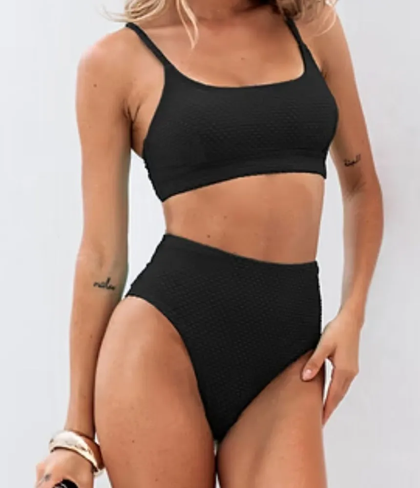 Cupshe Textured Black Scoop Neck High Waisted Bikini Set Size xl