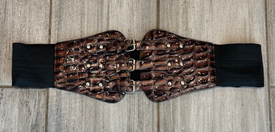 Vintage Wide Stretch Waist Belt Brown Croc Embossed Adjustable Triple Buckle 2X