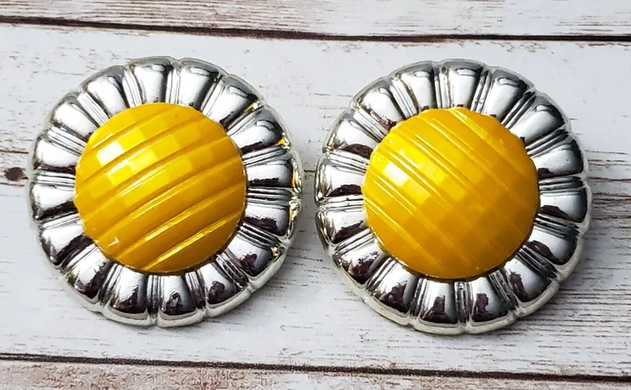 Vintage Clip On Earrings Large Statement 1.75" Unusual Yellow With Halo