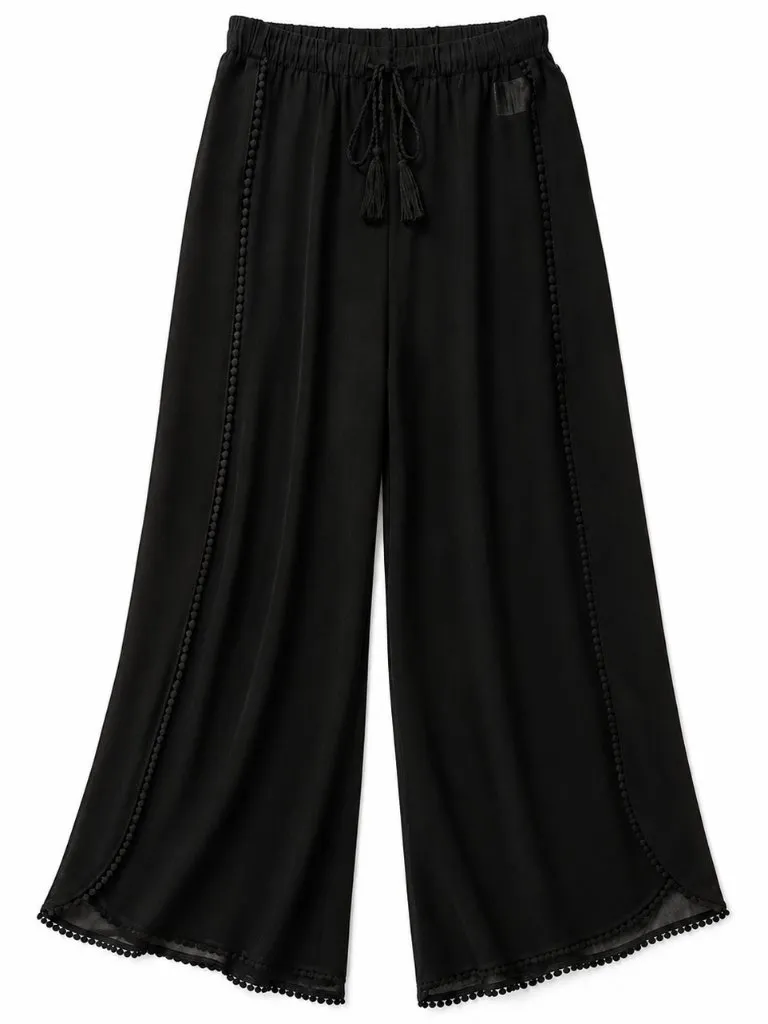 Grace Karin Black Wide-Leg Drawstring Cover Up Pants with Tassel