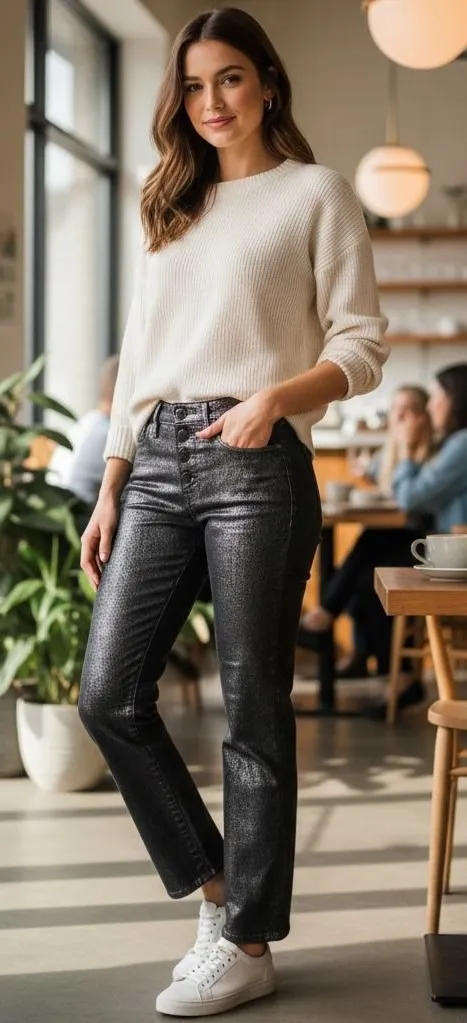 Circus NY High Rise Slim Straight Metallic Coated Black Jeans Button Fly 27