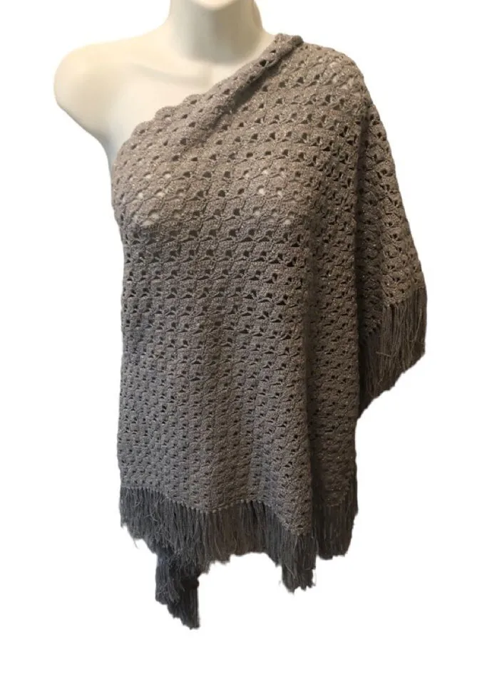 Dressy Silver Sparkle Shawl Cape Throw W/Fringe Open Crochet 85X40 W/Fringe