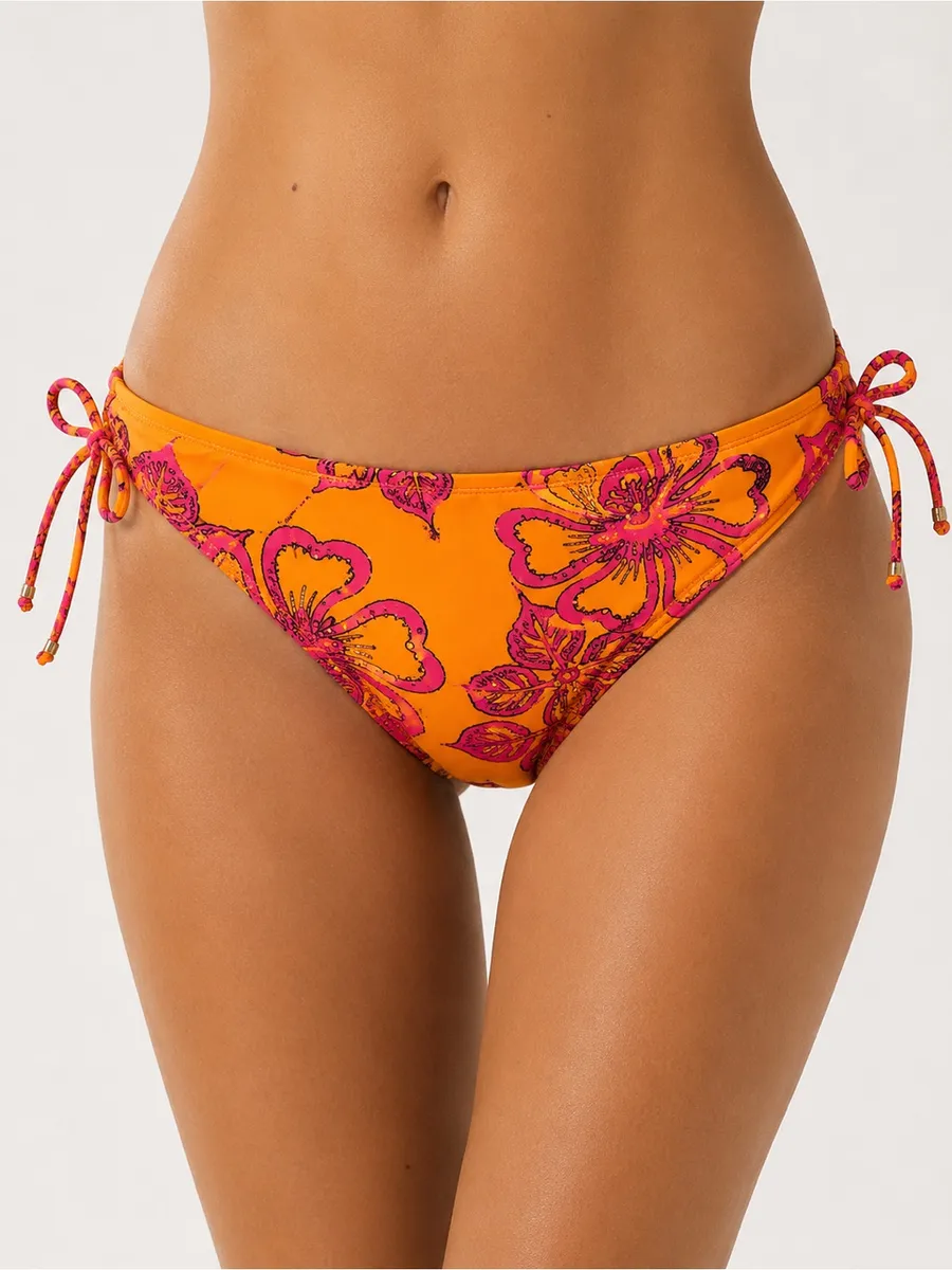 Orange Pink Floral Side Tie Bikini Bottom Tropical Swimwear Coquette Y2K Retro Size L