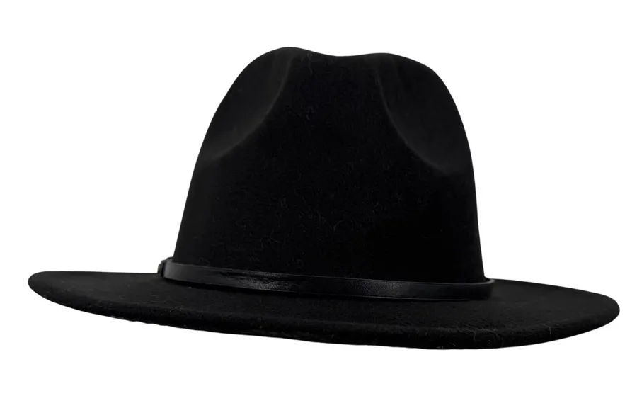 Womens Black Fedora Hat Wide Flat Brim Pinched Crown Faux Leather Band Buckle