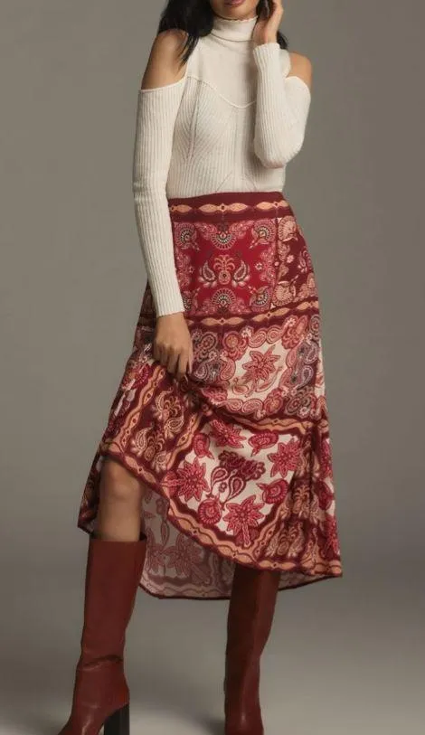 Farm Rio Satin Slip A-Line Paisley Scarf Print Midi Skirt, Size M