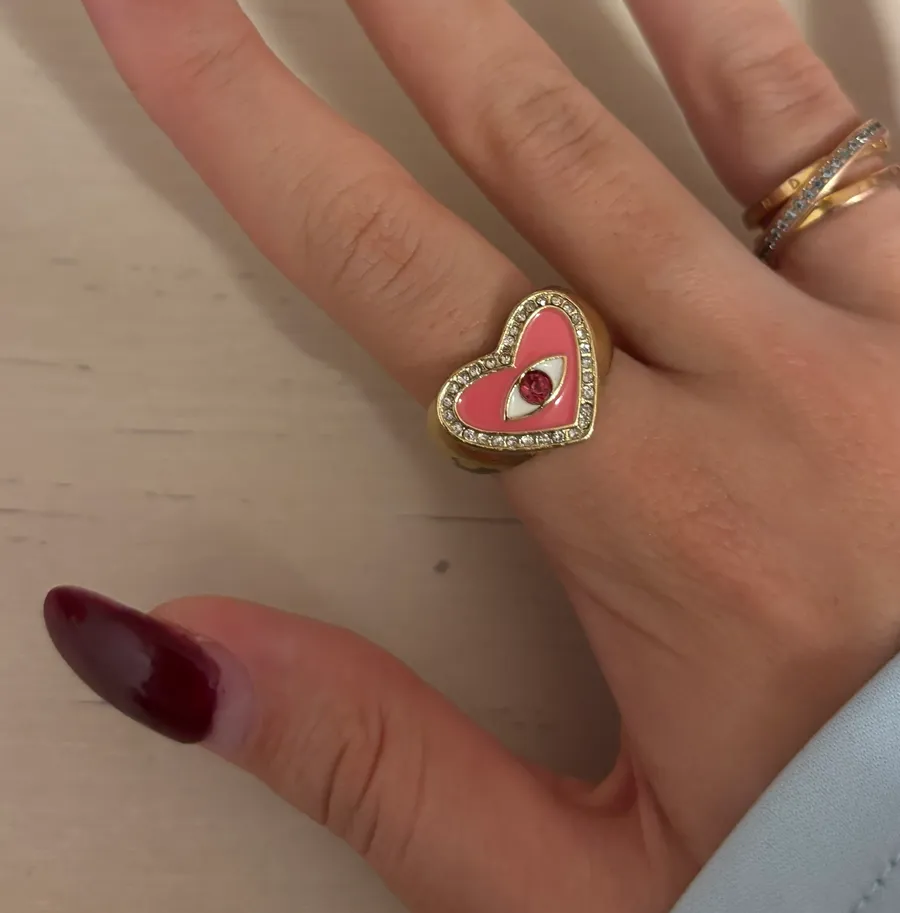 Gold tone heart shape nordstrom evil eye pink chunky retro ring size 7.5