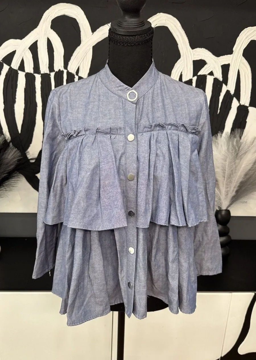 Zara Basic Chambray Ruffle Button Front Blouse Women’s XS Blue Long Sleeve EUC