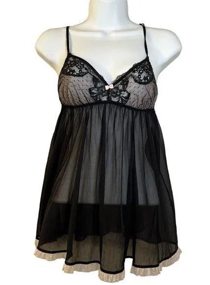 Victoria's Secret Sheer Black Pink Babydoll Lingerie Top Size Small