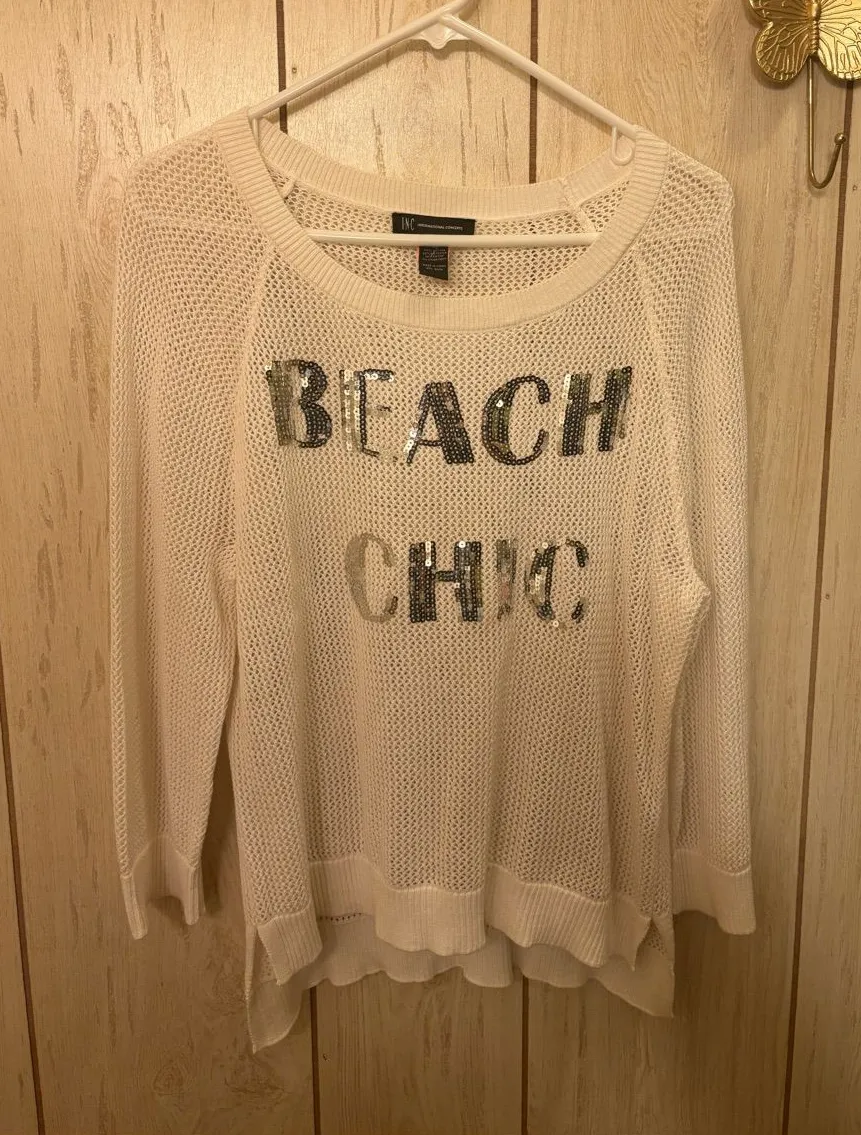 BEACH CHIC Cream Mesh Sweater/Beach Cover Up with Sequin Detail Silver Size XL