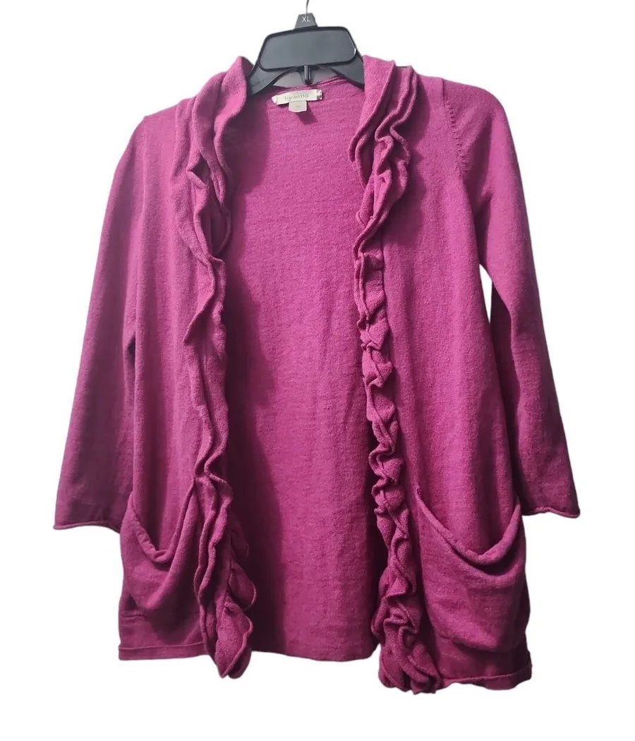 Garnet Hill Ruffle Open Front Cardigan Sweater Pockets Raspberry Pink L
