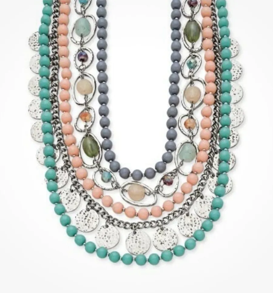 Premier Designs Multicolor Layered Beaded Charm Statement Necklace Silver Tone