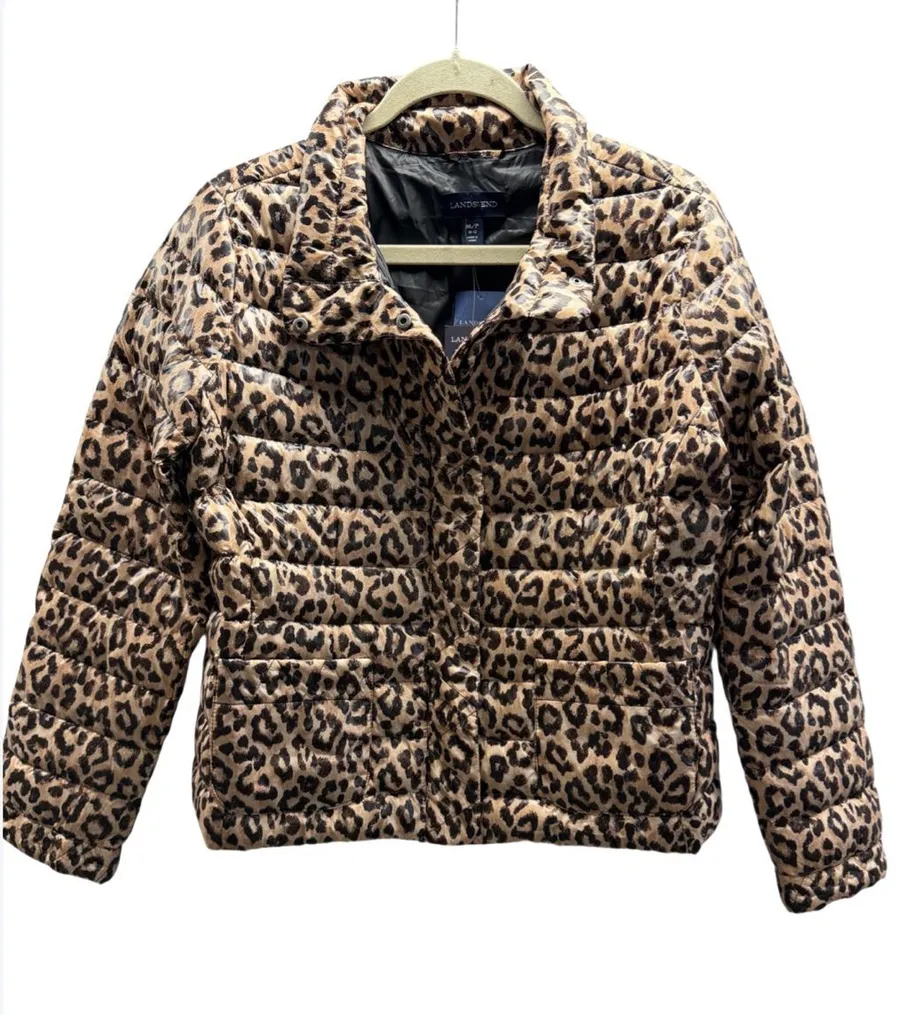 Lands' End NWT Leopard Print Down Filed Lightweight Packable Puffer Jacket