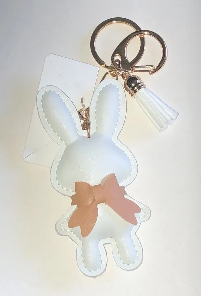 White Bunny Keychain with Pink Bow and Tassel