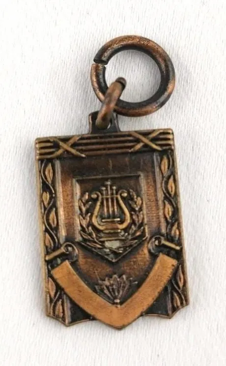 1940 Vintage Bronze Brass Charm musical Lyre Award Gift Band Music Chain Pendant