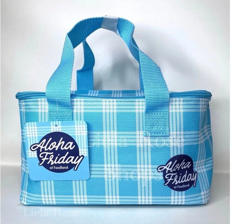 NWT Foodland Hawaii Aloha Friday Blue Palaka Mini Insulated Cooler Bag Tote