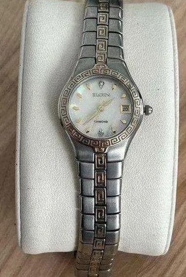 Elgin Ladies Watch Diamond Stainless Bracelet Pearl Dial Gorgeous
