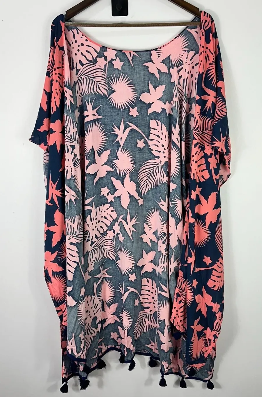Salt Life Kaftan OSFM Navy Pink Floral Tassel Hem Coastal Boho Beach Cover Up