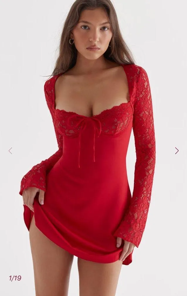 House of CB jennica Red Rose Satin And Lace Mini Dress