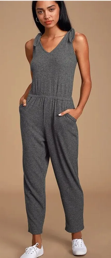 Lulus Belmore Heathered Charcoal Grey Ribbed Sleeveless Jumpsuit Size Medium