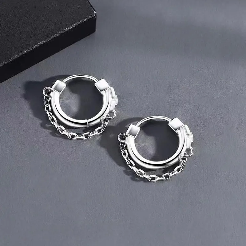 925 Silver Plated Chain Hoop Earrings for Men Women,Punk Hip Hop Earrings