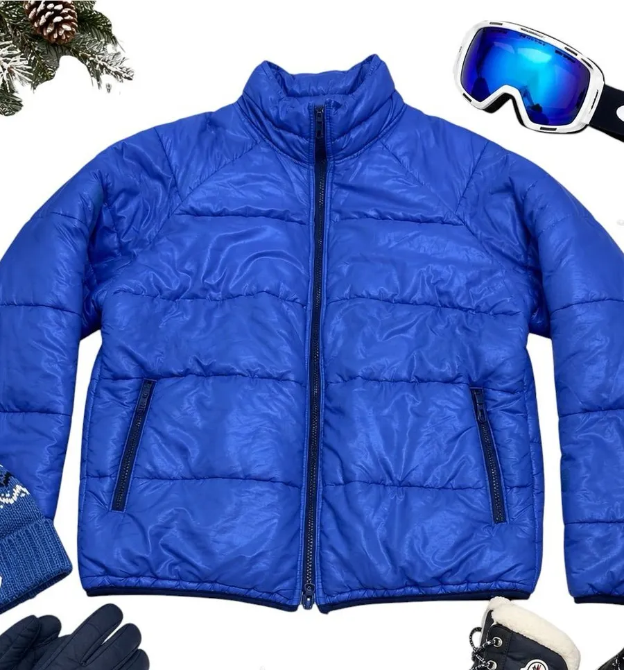 Patagonia Patched Blue Down Puffer Coat Jacket Full Zip Insulated Women L FLAWED
