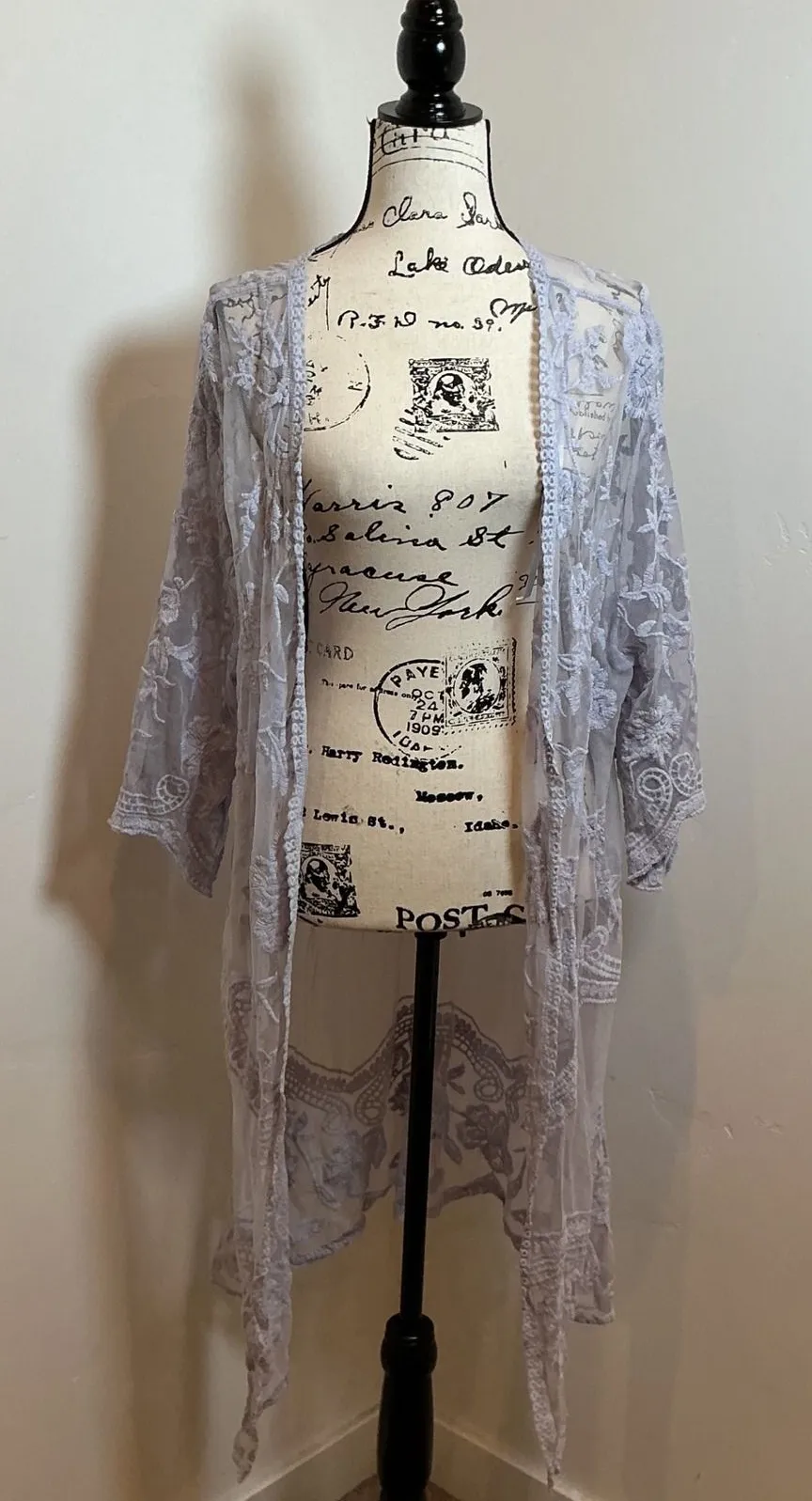 Romantic Cottagecore Mesh Lace Open Front Duster Cardigan Gray