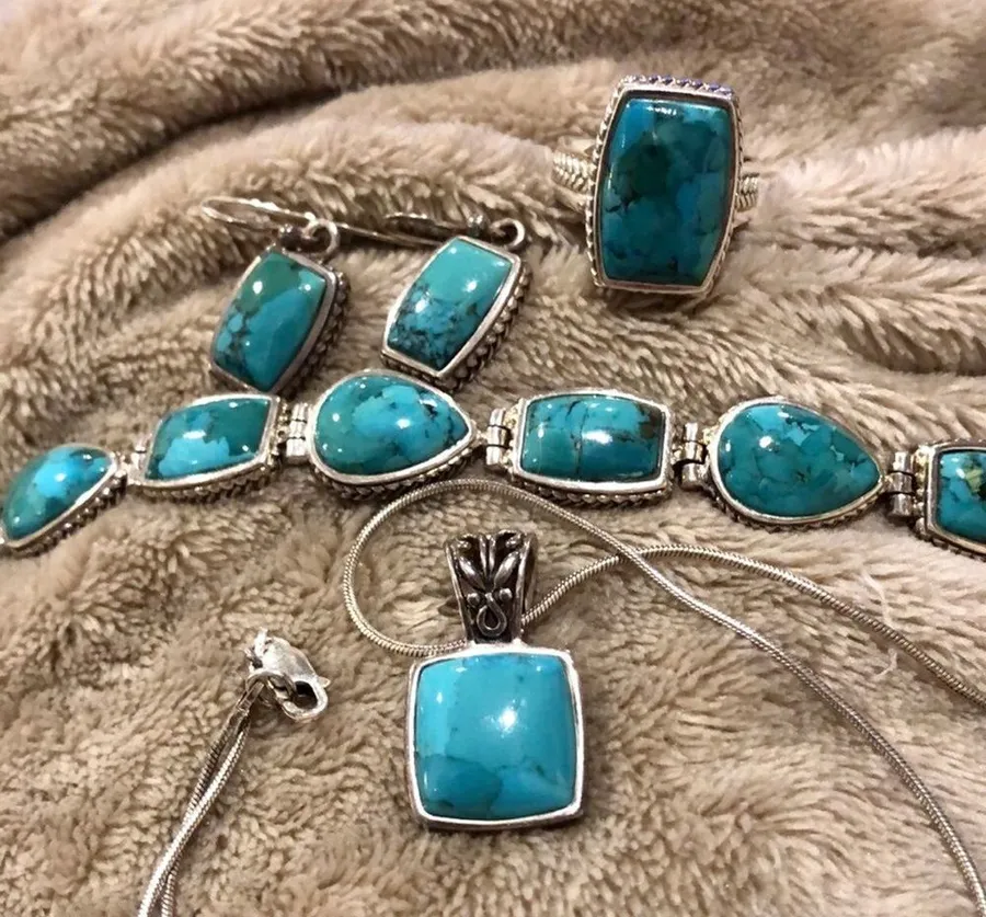 Barse Turquoise Sterling Silver Necklace Earrings Bracelet Ring Rope Accent Set Green