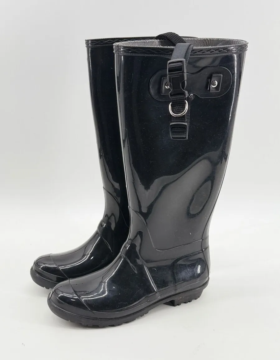 Itasca Womens Black Glossy Waterproof Rubber Rain Boots Size 9 Tall Utility