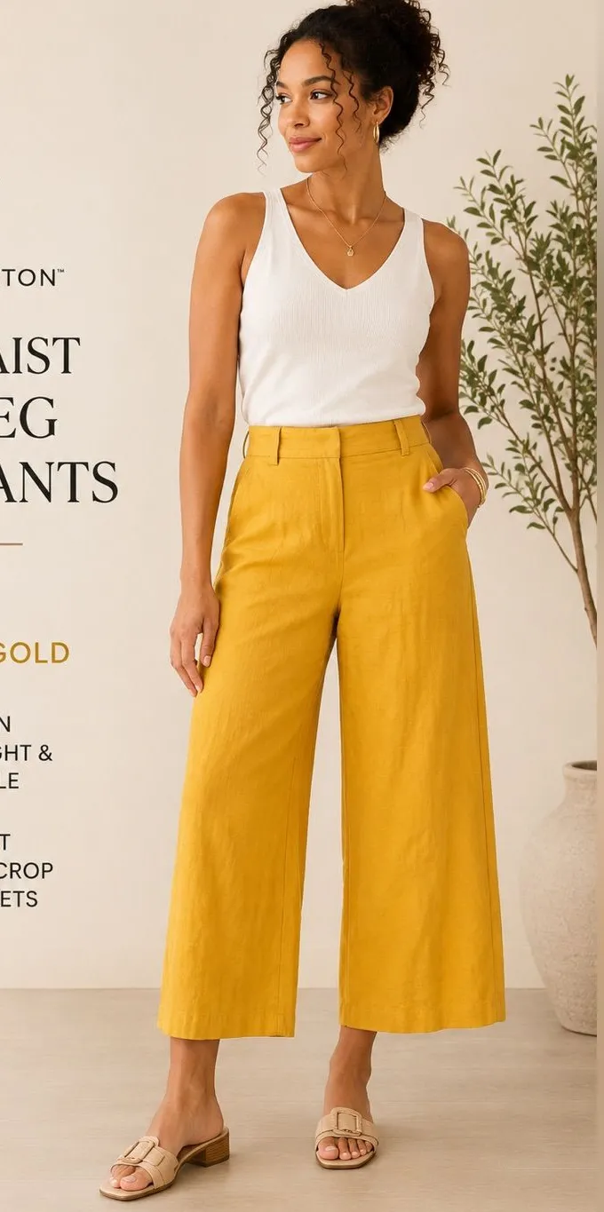 Worthington High Waist Wide Leg Crop Linen Pants M California Gold NWT