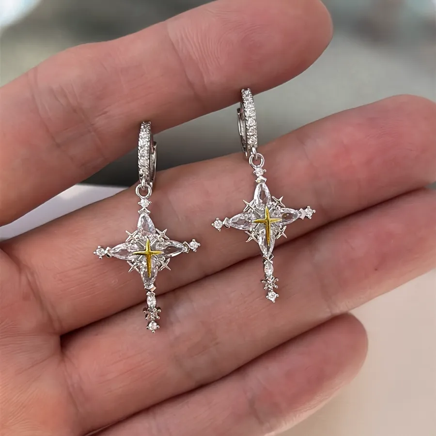 CZ Cross Dangle Drop Earrings for Men Women Streetwear Punk Hip Hop Unisex Earrings Silver