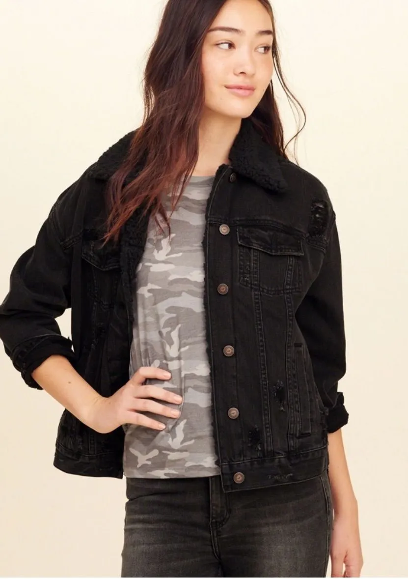 Hollister Black Sherpa-Trim Distressed Denim Jacket Black Sz M