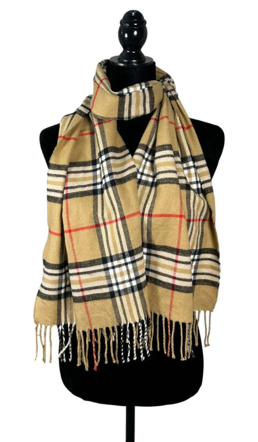 Kennedy Scotland Cashmere Check Plaid Brown Black Red Fringe Scarf
