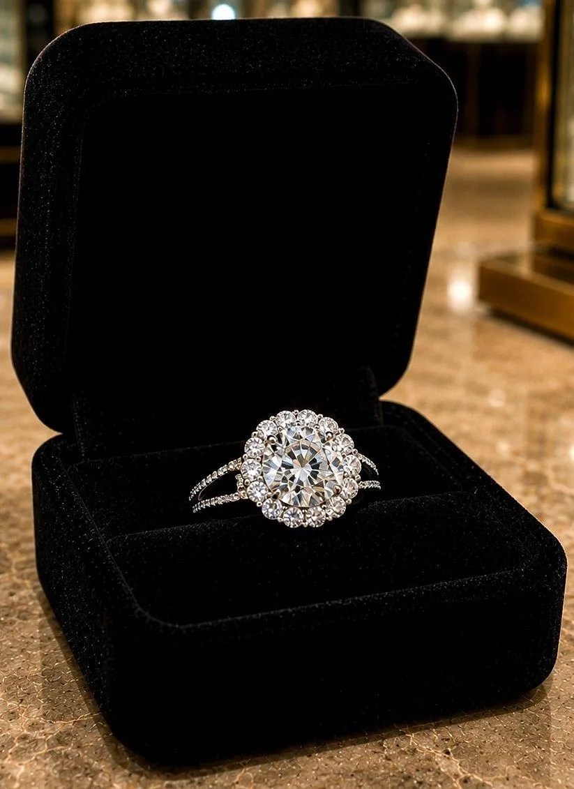 1 carat Moissanite Round Cut Ring with Accents Size 8 Silver