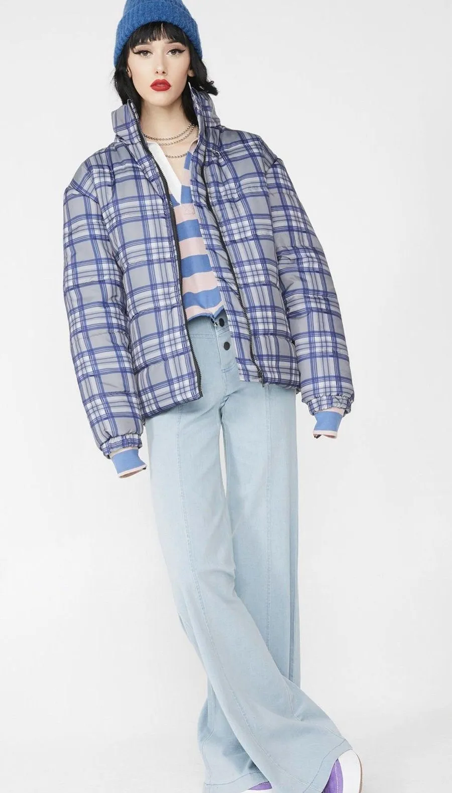 Blue Plaid Checkered Puffer Jacket