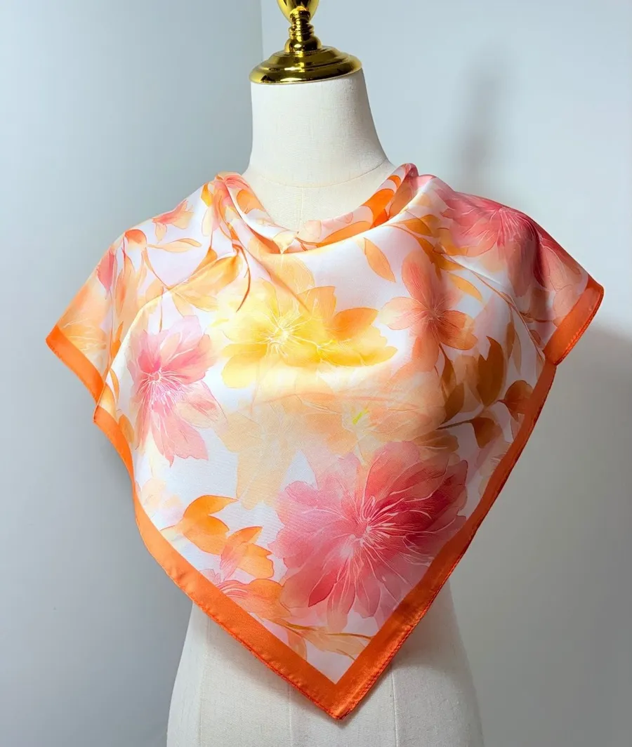 Women's Floral Satin Polyester Scarf in Orange and Pink