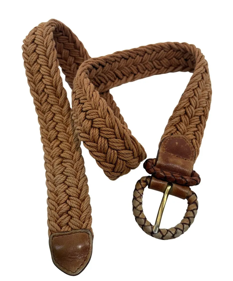 Vintage 90s Ruff Hewn Braided Rope Belt Tan Leather Trim Woven Boho 33 Inch