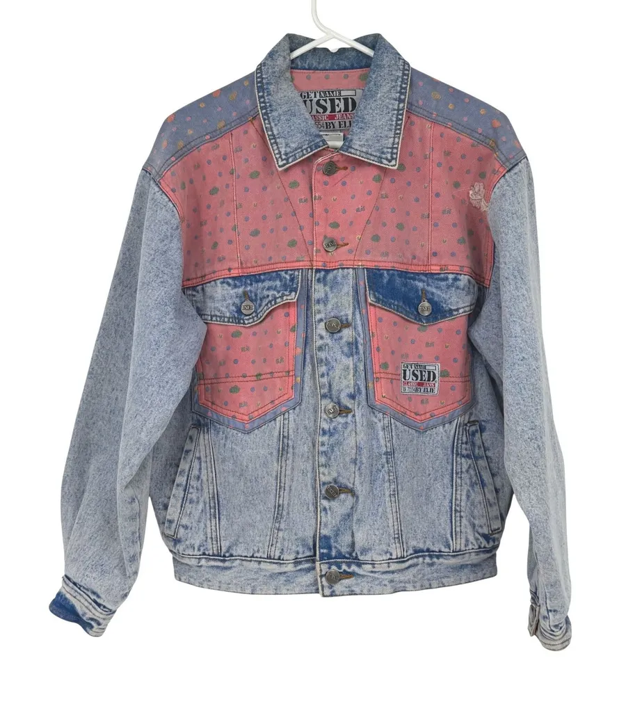 Get Used by Elie Acid Wash Denim Jacket Pink Polka Dot 90s Medium Vintage Blue