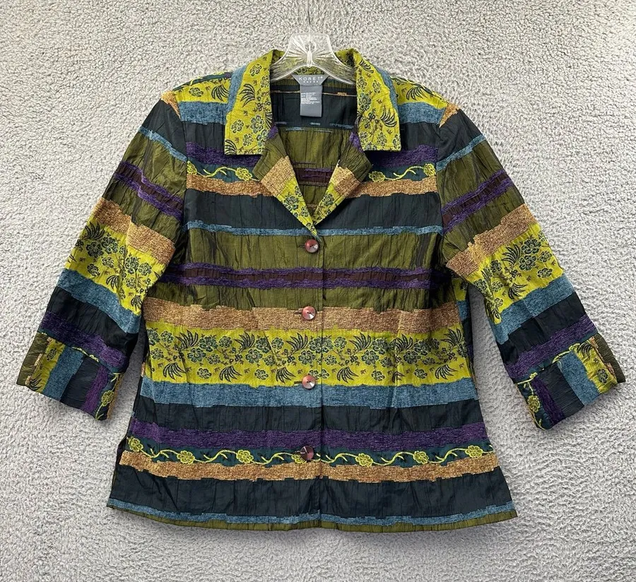 Koret Dress Floral Patchwork Textured Blazer Jacket Boho Art To Wear Women's 14 Blue