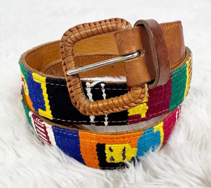 VINTAGE Leather Woven Rainbow Textile Belt Size 42 Large XL Artsy Boho Womens Tan