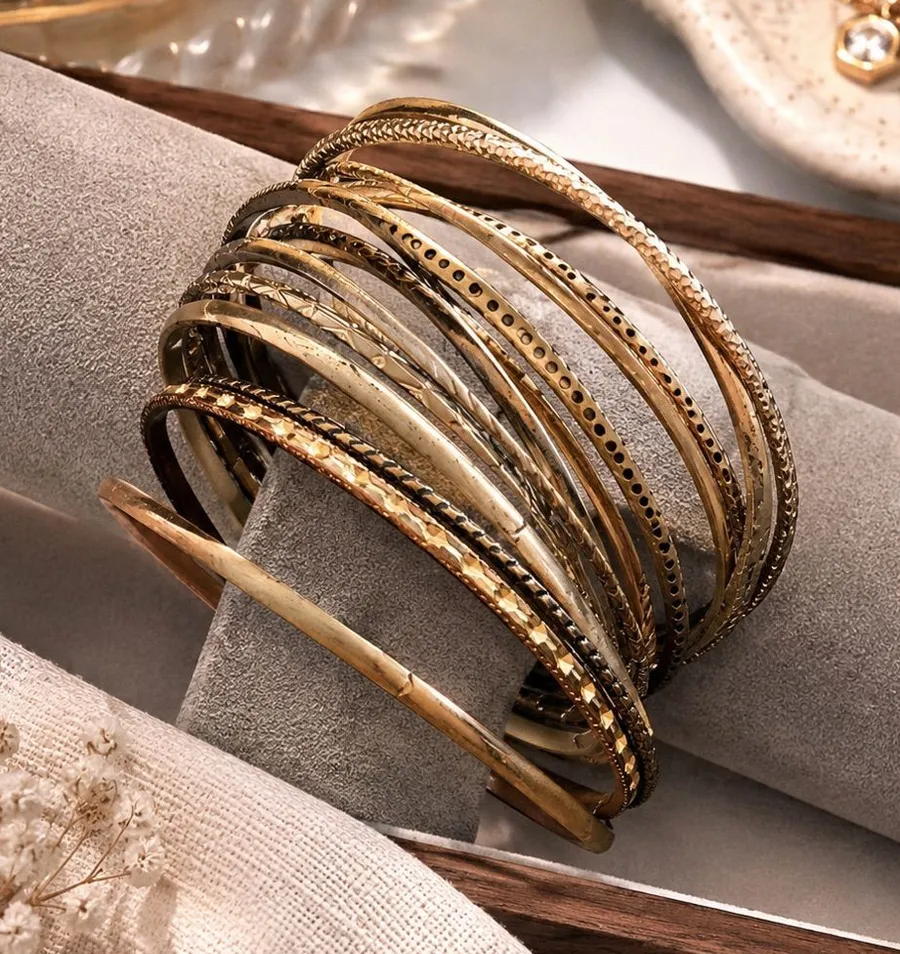 Set of 13 Gold Tone Bangle Bracelets | Textured Stackable Bundle