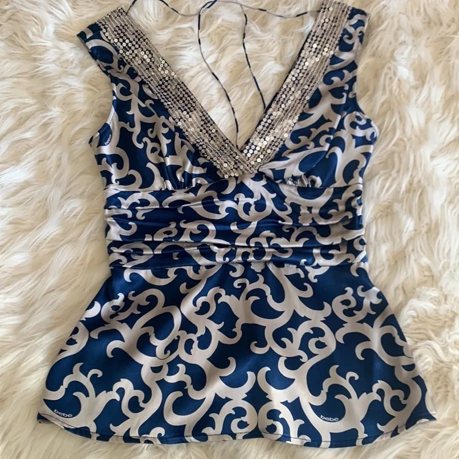 Vintage Y2K Bebe Blue Silver Sequin Silk V-Neck Blouse Tie Back Small