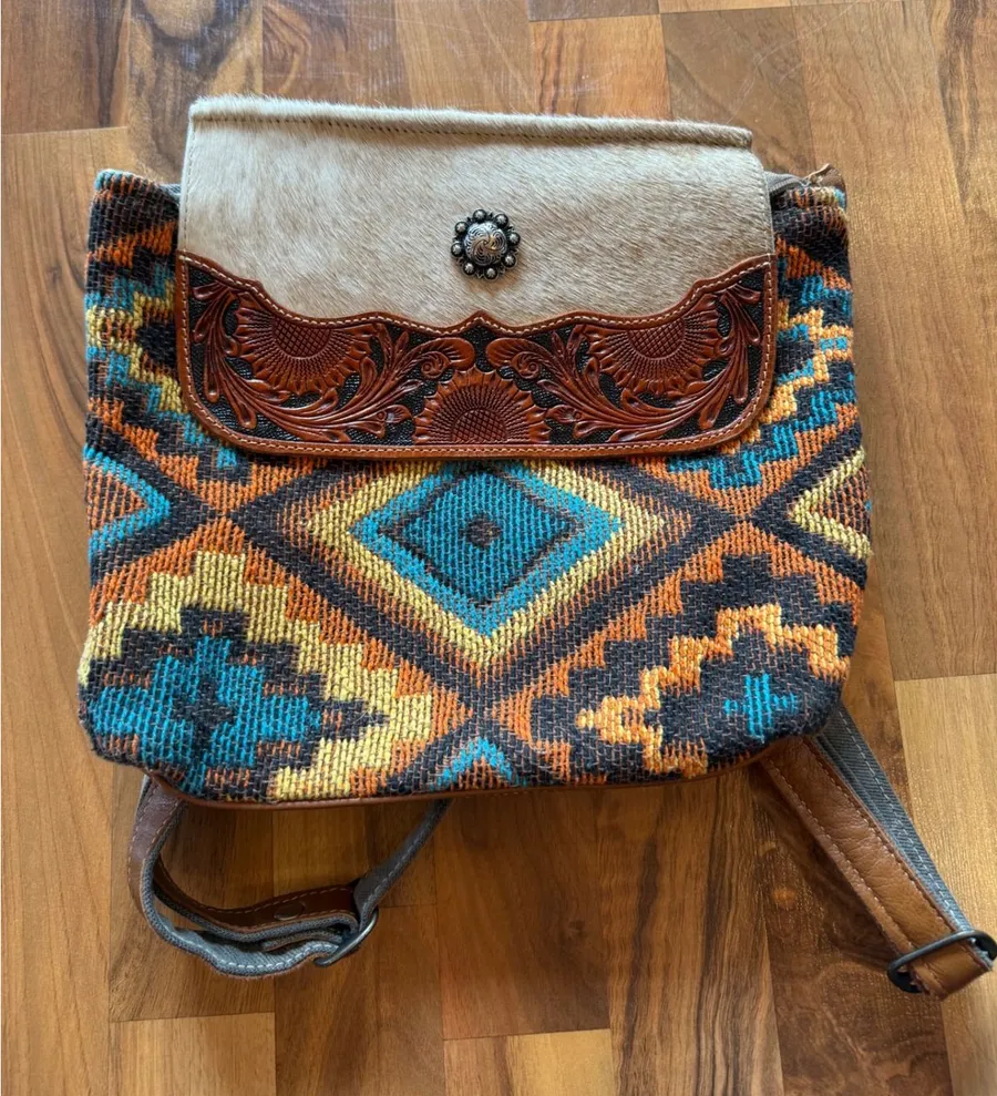 Myra Bag Backpack purse Women Small Multicolor Hand Tooled Cowhide Leather west Brown