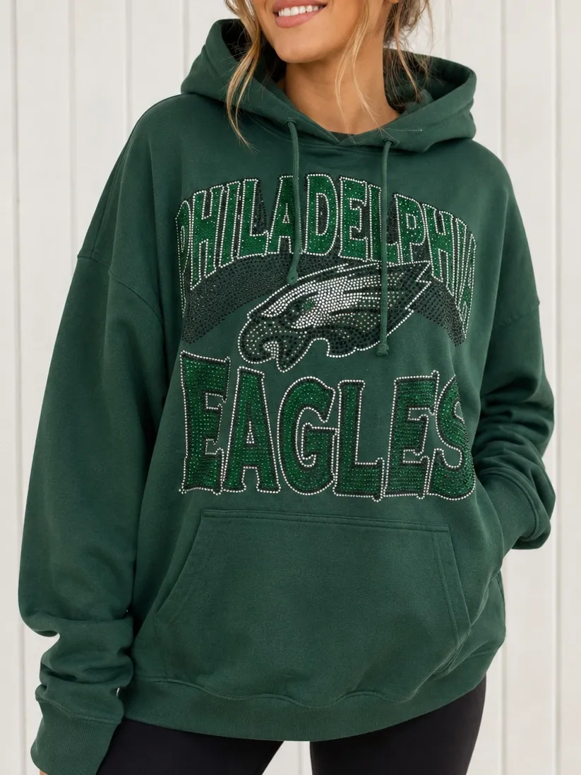 Philadelphia Eagles Green Rhinestone Bling Pullover Hoodie Sweatshirt Size L Size L