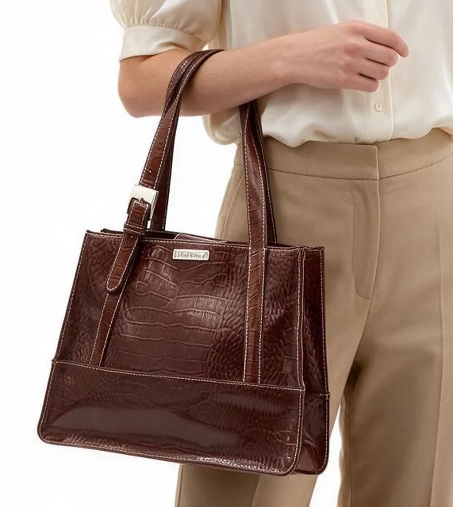 Liz Claiborne Tote Bag Women's Large Croc Embossed Brown Patent Faux Leather