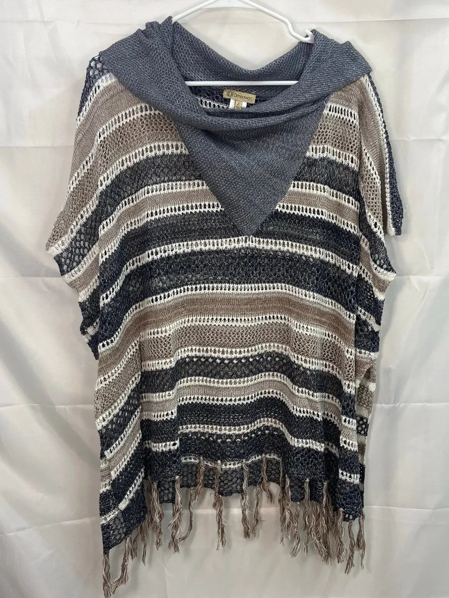 Democracy women's tan gray knit cowl neck tassel crocheted sweater poncho large